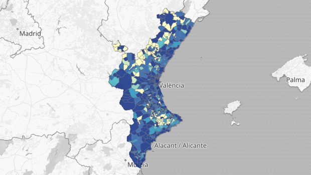 Mapa de la incidencia del coronavirus por municipios en la Comunidad Valenciana, según los test PCR