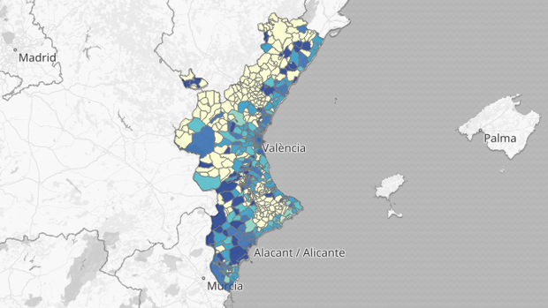 Mapa de la incidencia del coronavirus por municipios de la Comunidad en los últimos 14 días