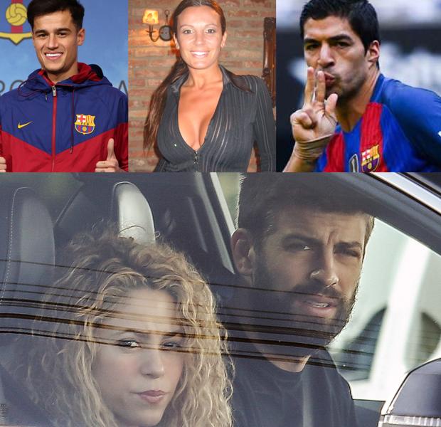 Philippe Coutinho, Sonia Monroy, Luis Súarez y Shakira y Piqué