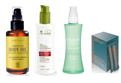 De izquierda a derecha: Aceite corporal nutritivo Firming Yuzu Body Oil de Alma Secret (22,50 €); Sérum reductor reafirmante de Yves Rocher con extracto de Mangostán (29,50 €); Sérum anticelulítico Concentré Anti-Capitons de Payot, con pomelo y té verde (42,50 €) y Complemento alimenticio Cellu-Dren Complex de Germaine de Capuccini (39,10 €).