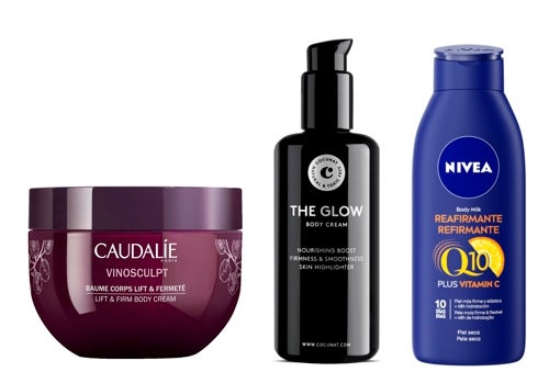 From left to right: Caudalie Vinosculpt Firming Body Balm (€ 28.60); Nourishing and firming body cream The Glow de Cocunat (€ 44.95); NIVEA Firming Body Milk Q10 Plus Vitamin C (€ 5.59).