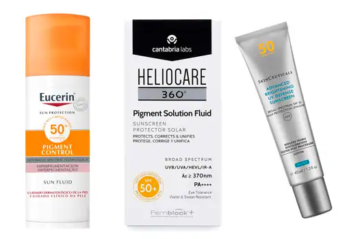 From left to right: Eucerin® Sun Fluid Pigment Control SPF 50+ Sunscreen for blemished skin (€ 18.10);  Sunscreen for skin with spots Heliocare 360º Pigment Solution Fluid from Cantabria Labs (€ 23.62);  Photocorrector Advanced Brightening UV Defense SPF 50 by SkinCeuticals (€ 45).