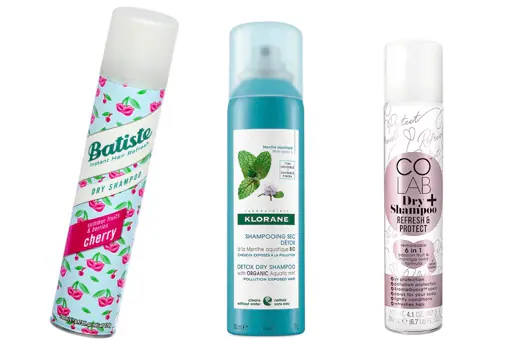 From left to right: Batiste Cherry dry shampoo (€ 3.50);  Klorane Bio Aquatic Mint Detox Dry Shampoo (€ 11.39);  Colab Refresh + Protect dry shampoo (€ 3.99).