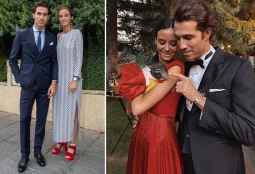 On the left, with Beltrán Lozano at the wedding of María Garcia de Jaime and Tomás Paramo.  On the right, in a sunset dress by Lorenzo Caprile