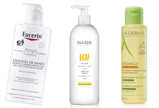 De izquierda a derecha: Oleogel de Baño de Eucerin (16,10 €); Jabón de Aceite de Babé (20,50 €): Exomega Control Aceite Limpiador de A-Derma (17,83 €).