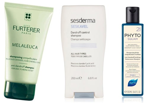 De izquierda a derecha: Champú anticaspa para cabello graso Melaleuca de René Furterer (17,35 €); Champú anticaspa Seskavel de Sesderma (13,50 €); Champú anticaspa purificante PhytoSquam de Laboratorios Phyto (14,90 €).