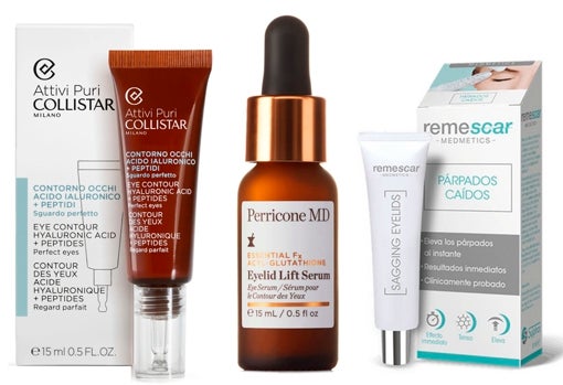 De izquierda a derecha: Contorno de ojos Ácido hialurónico + Péptidos Attivi Puri Collistar (35 €); Sérum para el contorno de los ojos con acción en el párpado Essential FX Eyelid Lift Serum de Perricone MD (99 €); Remescar Párpados Caídos, crema reafirmante (37 €).