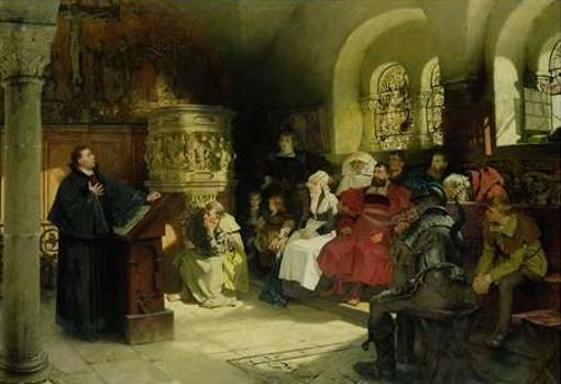 Martín Lutero predicando en el Castillo de Wartburg, cuadro de Hugo Vogel.