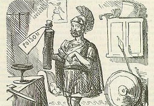 Caricatura del siglo XIX que representa la muerte por envenenamiento de Aníbal.