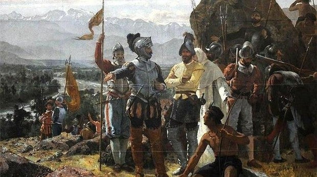 Representación de la fundación de la actual Santiago de Chile por los conquistadores
