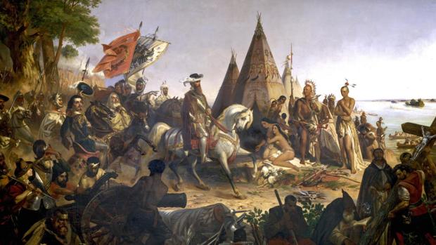 El conquistador Hernando de Soto descubre el Misisipi en 1541, por W.H. Powell
