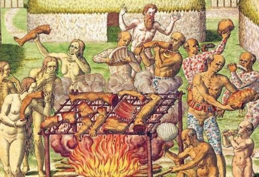 Escena que representa a un grupo de caníbales - Theodore de Bry