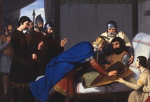 Escena legendario en que Carlos «El Calvo» crea con la sangre de Wifredo las 4 barras del condado de Barcelona