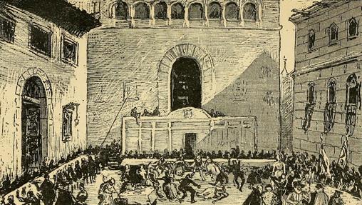 Grabado de las «Fiestas ante la casa de los Lasos de Castilla el 3 de abril de 1614»