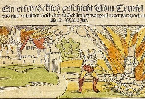 Hoja relatando la quema de una mujer en 1531, acusada de haber quemado la ciudad alemana de Schiltach con ayuda del Demonio.