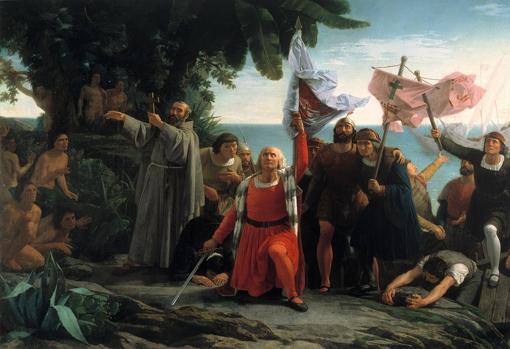 Primer desembarco de Cristóbal Colón en América (Dióscoro Puebla, 1862).
