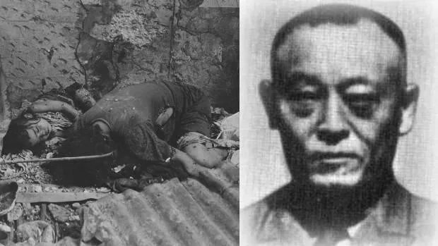 Único retrato de Iwabuchi, ao lado de uma imagem de duas vítimas civis do massacre de Manila