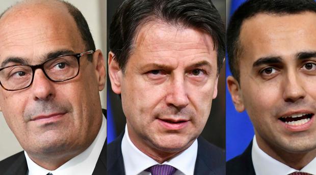 Nicola Zingaretti, líder del PD; Giuseppe Conte prmier ministro de Italia y Luigi Di Maio líder del M5S