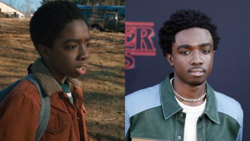 Caleb McLaughlin en una escena de la primera temporada de «Stranger Things» y en la actualidad