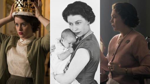 Claire Foy (izquierda), Isabel II (centro) y Olivia Colman (derecha)