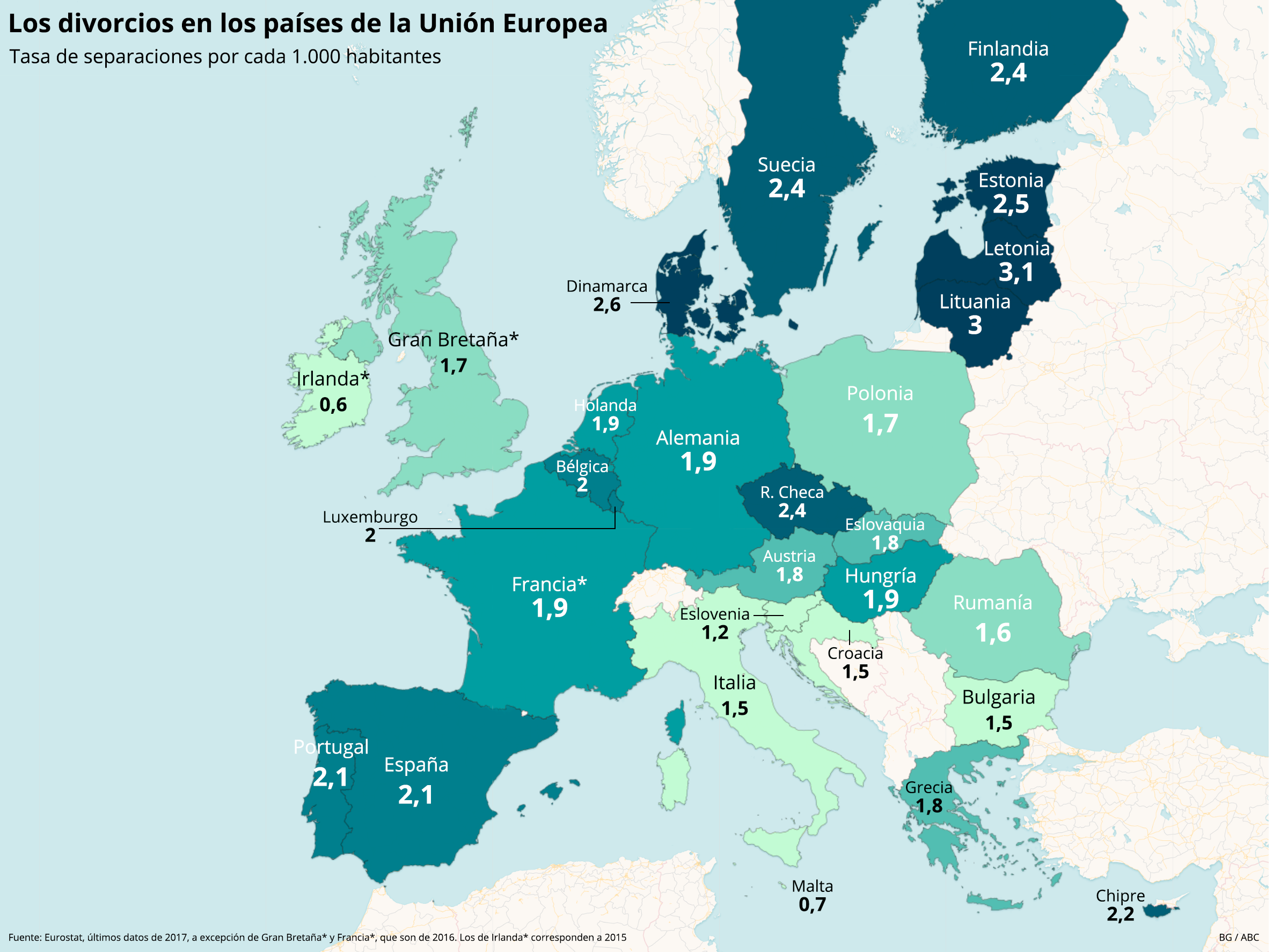 España, entre los diez países de la UE con más divorcios Mapa-divorcios-ue-espana--620x464
