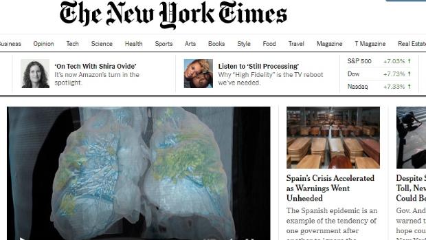 Portada digital de «The New York Times» sobre la crisis del coronavirus en España