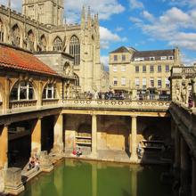 View of the large swimming pool of the Roman Baths of Bath