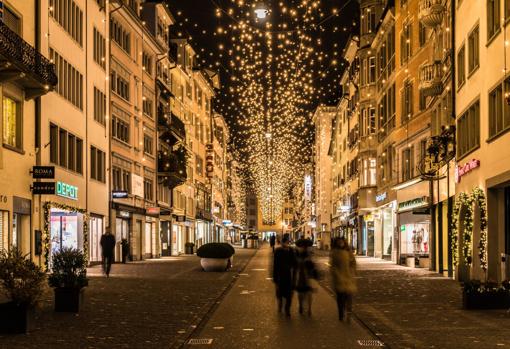Classic Christmas lighting in Rennweg, a pedestrian zone in the center of Zurich